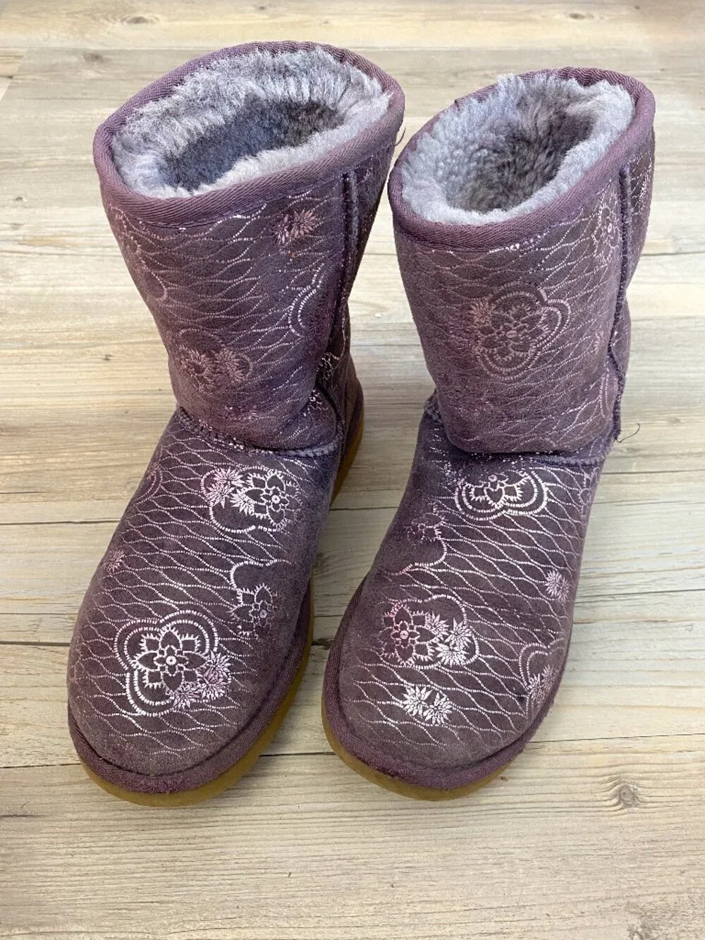 UGG Classic Genuine Shearling Lined Metallic Floral Purple Short Boots - Size 8